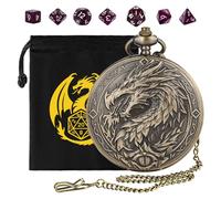 Mini DND Dice Set with Steampunk Dragon Large Pocket Watch Shell Case, 7-Piece Polyhedral Acrylic D&D Dice, DND Gift Bag with Dragon Logo, Role Play Board Game Accessories, Bronze + Purple