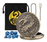 Mini DND Dice Set with Steampunk Dragon Large Pocket Watch Shell Case, 7-Piece Polyhedral Acrylic D&D Dice, DND Gift Bag with Dragon Logo, Role Play Board Game Accessories, Bronze + Blue