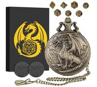 Mini DND Dice Set with Steampunk Dragon Pocket Watch Shell Case, 7pcs Polyhedral Metal Dice Set, DND Starter Set, D&D Gifts with Gift Box, Role Playing Board Games Accessories, Bronze