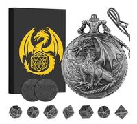 Mini DND Dice Set with Steampunk Dragon Pocket Watch Shell Case, 7pcs Polyhedral Metal Dice Set, DND Starter Set, D&D Gifts with Gift Box, Role Playing Board Games Accessories, Silver