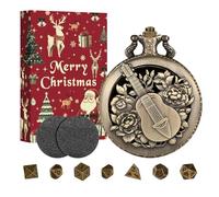 Mini DND Dice Set with Steampunk Hollow Bard Pocket Watch Shell Case, 7 PCS Metal Polyhedral D&D Dice Set, Xmas Gift with Gift Box, Role Playing Board Game Accessories, Bronze
