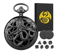 Mini DND Dice Set With Steampunk Hollow Octopus Pocket Watch Shell Case, 7pcs Polyhedral Metal Dice Set, D&D Gifts With Gift Box, Role Playing Board Games Accessories, Black