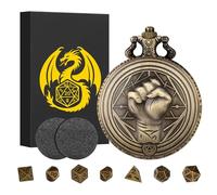 Mini DND Dice Set with Steampunk Monk (Fist) Pocket Watch Shell Case, 7pcs Polyhedral Metal Dice Set, DND Starter Set, D&D Gifts with Gift Box, Role Playing Board Games Accessories, Bronze