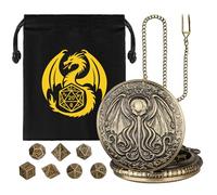 Mini DND Dice Set, with Steampunk Octopus with Wings, Pocket Watch Shell Case, 7-Piece Polyhedral Metal D&D Dice, DND Gift Bag with Dragon Logo, RPG, Role Play Board Game Accessories, Bronze, bronze