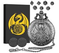 Mini DND Dice Set with Steampunk Octopus with Wings Pocket Watch Shell Case, 7pcs Polyhedral Metal Dice Set, DND Starter Set, D&D Gifts with Gift Box, Role Playing Board Game Accessories, Silver