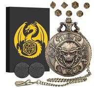 Mini DND Dice Set with Steampunk Skull Eye Demon Pocket Watch Case, Tiny 7PCS Polyhedral Metal D&D Dice, Gothic Gifts, DND Gifts with Gift Box, Role Playing Game Board Game Accessories Dice, Bronze