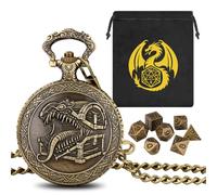Mini DND Dice Set, with Steampunk Tongue Treasure Chest Pocket Watch Shell Case, 7-Piece Polyhedral Metal D&D Dice, DND Gift Bag with Dragon Logo, RPG, Role Play Board Game Accessories, Bronze