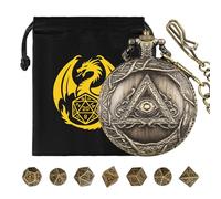 Mini DND Dice Set, with Steampunk Triangular Eye Pocket Watch Shell Case, 7-Piece Polyhedral Metal D&D Dice, DND Gift Bag with Dragon Logo, MTG, Role Play Board Game Accessories, Bronze