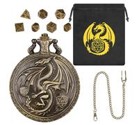 Mini DND Dice Set, with Steampunk Winged Dragon Pocket Watch Shell Case, 7-Piece Polyhedral Metal D&D Dice, DND Gift Bag with Dragon Logo, MTG, Role Play Board Game Accessories, Bronze