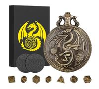 Mini DND Dice Set with Steampunk Winged Flying Dragon Pocket Watch Shell Case, 7pcs Polyhedral Metal Dice Set, DND Starter Set, D&D Gifts with Gift Box, Role Playing Board Game Accessories, Bronze