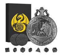 Mini DND Dice Set with Steampunk Wolf Pocket Watch Shell Case, 7pcs Polyhedral Metal D&D Dice Set, DND Gifts with Gift Box for Gamer, Role Playing Board Games Accessories, Dark Silver, Zinc Alloy