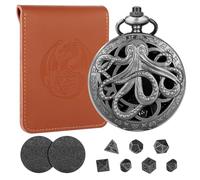Mini DNDDice Steampunk Hollow Octopus Pocket Watch Bowl, 7-Piece Polyhedral Metal D&D Dice Set, DND Gifts with Leather Bag, Role Playing Game Accessories