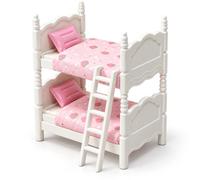 Mini Doll Bed, Doll House Furniture and Bedroom Accessory for Displays | Premium materials, pink-white mini bunk bed for doll houses, bedroom scenes, collectors, shelves and miniature displays