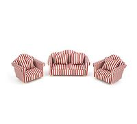 Mini Doll House Orange Red Gold Striped 3-Piece Sofa Set 1:12 with 4 Pillows for Decor