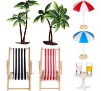Mini Dollhouse Beach Accessories: Miniature Umbrella Chair, Mini Palm Trees Parasols Coffee Table Modle Ornament