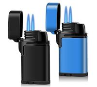 Mini Double Torch Lighter Windproof Butane Refillable Metal Lighters Compact Pocket Gas Torch with Dust Cover, 2 Pack (Butane Not Included) (Black+Sky Blue)