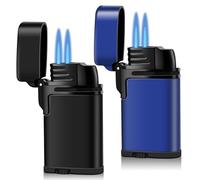 Mini Double Torch Lighter Windproof Butane Refillable Metal Lighters Compact Pocket Gas Torch with Dust Cover, 2 Pack (Butane Not Included) (Black+Blue)