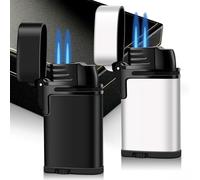 Mini Double Torch Lighter Windproof Butane Refillable Metal Lighters Compact Pocket Gas Torch with Dust Cover, 2 Pack (Butane Not Included) (Black+Silver)