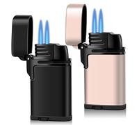 Mini Double Torch Lighter Windproof Butane Refillable Metal Lighters Compact Pocket Gas Torch with Dust Cover, 2 Pack (Butane Not Included) (Black+Rose Gold)