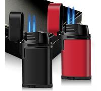 Mini Double Torch Lighter Windproof Butane Refillable Metal Lighters Compact Pocket Gas Torch with Dust Cover, 2 Pack (Butane Not Included) (Black+Red)