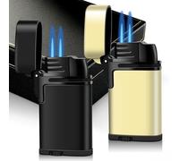 Mini Double Torch Lighter Windproof Butane Refillable Metal Lighters Compact Pocket Gas Torch with Dust Cover, 2 Pack (Butane Not Included) (Black+Gold)