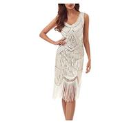 Mini Dress 1920s Flapper Fringe Dress Vintage Dance V Neck Roaring Fancy Sequin Sleeveless Costume Cocktail Party Tassels Ballroom Tango Latin Dance UK Size 8 10 12 14 16