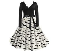 Mini Dress, White Womens Halloween Tea Dress Pumpkin Printed Heart Shaped Neck Long Sleeve A-Line Bow Waist Cocktail Party Retro Halloween Vintage Rockabilly Swing Dresses