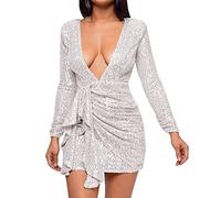 Mini Dress Women's Sexy Party Dress V-Neck Bodycon Dress Wedding Glitter Cocktail Dresses Bodycon Dress Tight Sequin Dresses for Women Festive Glitter Dress Sequins Evening Dresses Clubwear, White, M