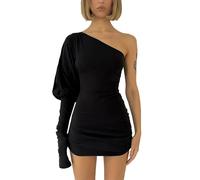 Mini Dresses for Women UK Sexy One Shoulder Short Dress Long Sleeve Ruched Wrap Dress Solid Color Bodycon Dress Strapless Party Dress Casual Beach Dresses for Daily Holiday(Black,M)