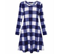 Mini Dresses Women UK Elegant Plaid Check Print Long Sleeve Jumper Tartan Dress Swing Skater Long Shirt dress Winter Casual T Shirt dresses Women Long Top Navy 12-14