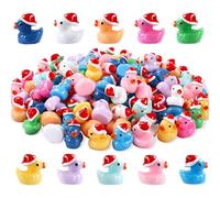 Mini Ducks Christmas Resin Tiny Ducks 50 Pack Little Small Plastic Ducks, Mini Ducks With Santa Hats for Christmas Party Bag Fillers, Fairy Garden Accessories Micro Landscape Gifts Colorful