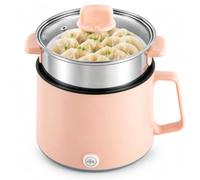 Mini Electric Hot Pot 1.7L Pink, 300W/600W with Steamer & Glass Lid | Easy-clean interior; handy side handle; cooks pasta, dumplings and eggs; compact for travel and small kitchens