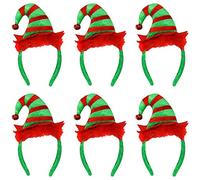 MINI ELF HAT - ADULTS GREEN AND RED STRIPED ELF HAT ON A HEADBAND WITH A JINGLE BELL ATTACHED - SANTA'S LITTLE HELPER CHRISTMAS FANCY DRESS COSTUME ACCESSORY HAT (PACK OF 6)