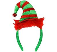 Mini Elf Hat - Adults Green and Red Striped Elf Hat on a Headband With a Jingle Bell Attached - Santa's Little Helper Christmas Fancy Dress Costume Accessory Hat (Pack of 1)