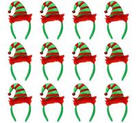 MINI ELF HAT - ADULTS GREEN AND RED STRIPED ELF HAT ON A HEADBAND WITH A JINGLE BELL ATTACHED - SANTA'S LITTLE HELPER CHRISTMAS FANCY DRESS COSTUME ACCESSORY HAT (PACK OF 12)