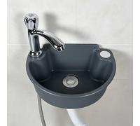 Mini Floating Wall Hung Basin, Small Plastic Cloakroom Sink with Single Cold Tap, Modern Wall Mounted Wash Basin for Bathroom Small Space Outdoor Use, Self-Adhesive & Drilling 2-Way Mount (Grey)
