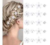 Mini Floral Hair Clips, 20-Piece White, Clear and Silver-Tone Set | Rounded and pointed-petal flowers, imitation pearl-style beads and faceted stones, for bridal buns, plaits and formal updos