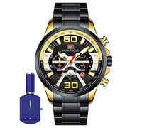 MINI FOCUS Analogue Quartz Movement Watch for Men, Chronograph, Calendar, Stainless Steel Band (Black+Gold)