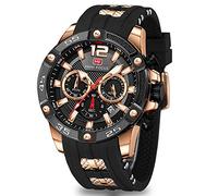 MINI FOCUS Men's Fashion Casual Sports Waterproof Watch, Big Chronograph Luminous 24 Hours Silicon Band, Black, 47mm