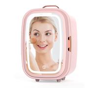 Mini Fridge 15L Cooler and Warmer Portable Mini Fridge for Bedrooms with 3 LED Light Mirror, Beauty Fridges AC+12V DC Small Fridges for Skincare, Cosmetics, Car, Office, Travel, Drinks (Pink)