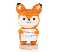 Mini Funny Positive Crochet Animals Fox, Cute Crochet Fox with Positive Card and Wooden Base, Handmade Emotional Support Gift, Positive Gifts for Women Girls Teens Friend