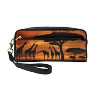 Mini Giraffe Under The Tree in Africa Cosmetic Bag,Leather Handheld Cosmetic Organiser,Zip Pen Case Toiletry Organiser,Cosmetic Travel Bag