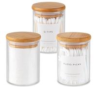 Mini Glass Apothecary Jars, Container Set, Bathroom Organizers and Storage, Bathroom Decor, with Bamboo Lids, Small Kitchen Containers, For Cotton Balls, Pads and Swabs, 10 oz, Set of 3