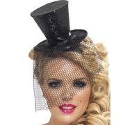 Womens Vampire Black Glitter Mini Fancy Dress Gothic Top Hat On Headband