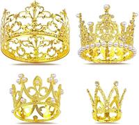 Mini Gold Crown Cake Topper - 4 Pcs Mini Crown Flower Arrangements Bouquet, Small Crystal Pearl Cupcake Toppers, Small Princess Crown Cup Cake Topper Decoration for Birthday, Wedding, Party