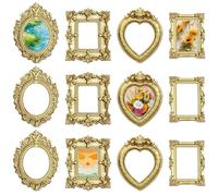 Mini Gold Picture Frames - 12PCS 4CM Vintage Small Antique Resin Picture Frames Oval Rectangle Wall Hanging Display Table Frame for DIY Jewelry Christmas Holiday Party Hotel Decor
