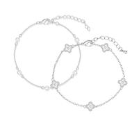 Mini Gold Set of 2 Delicate Chain Bracelets | Dainty Bracelet Chain Set - Small Pearl Satellite Chain & Clover Flower 6.5-7'' Adjustable, 6.5'', Brass, no gemstone