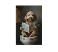 Mini Goldendoodle Pet Reading Newspaper on Toilet Canvas Painting Wall Art Realistic Poster Print Artwork Picture for Bedroom Room Decor 16x24inch(40x60cm) Unframe-1-2