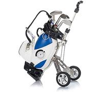 Mini Golf Pen Holder with Clock and 3 Pens Lawn Base for Desk, Golf Gifts Set Bag Cart Souvenirs Gifts for Men Dad Golfer Fans Fathers Day Desktop Ornament Desk Organisers (White/Blue - Golf Cart)