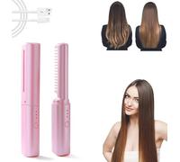 Mini Hair Straightener, USB Anti-Scald Hair Straightener Brush Hair Curler, Portable Travel Negative Ion Hair Straighteners Styling Comb, Ceramic Cordless Curling Iron for Home Travel (Pink)